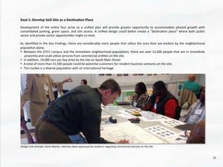 Goal	
  1:	
  Develop	
  SoSi	
  Site	
  as	
  a	
  Des4na4on	
  Place	
  	
  
	
  	
  
Development	
   of	
   the	
   en@re	
   four	
   acres	
   as	
   a	
   uniﬁed	
   plan	
   will	
   provide	
   greater	
   opportunity	
   to	
   accommodate	
   phased	
   growth	
   with	
  
consolidated	
  parking,	
  green	
  space,	
  and	
  site	
  access.	
  A	
  uniﬁed	
  design	
  could	
  beher	
  create	
  a	
  “des@na@on	
  place”	
  where	
  both	
  public	
  
sector	
  and	
  private	
  sector	
  opportuni@es	
  might	
  co-­‐exist.	
  
	
  	
  
As	
  iden@ﬁed	
  in	
  the	
  Key	
  Findings,	
  there	
  are	
  considerably	
  more	
  people	
  that	
  u@lize	
  the	
  area	
  than	
  are	
  evident	
  by	
  the	
  neighborhood	
  
popula@on	
  alone.	
  	
  	
  
•  Between	
  the	
  GTCC	
  campus	
  and	
  the	
  immediate	
  neighborhood	
  popula@ons,	
  there	
  are	
  over	
  12,500	
  people	
  that	
  are	
  in	
  immediate	
  
proximity	
  and	
  could	
  u@lize	
  services	
  from	
  commercial	
  en@@es	
  on	
  the	
  site.	
  	
  	
  
•  In	
  addi@on,	
  19,000	
  cars	
  per	
  day	
  drive	
  by	
  the	
  site	
  on	
  South	
  Main	
  Street.	
  	
  	
  
•  A	
  total	
  of	
  more	
  than	
  31,500	
  people	
  could	
  be	
  poten@al	
  customers	
  for	
  resident	
  business	
  ventures	
  on	
  the	
  site.	
  	
  	
  	
  
•  The	
  market	
  is	
  a	
  diverse	
  popula@on	
  with	
  an	
  interna@onal	
  heritage.	
  
Design	
  Link	
  member,	
  Kevin	
  Marion,	
  sketches	
  ideas	
  expressed	
  by	
  residents	
  regarding	
  commercial	
  interests	
  on	
  the	
  site	
  	
  
21	
  
 