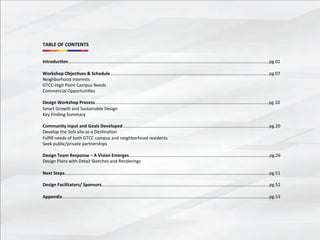 TABLE	
  OF	
  CONTENTS	
  
	
  
	
  
Introduc4on...................................................................................................................................................................pg.01	
  
	
  
Workshop	
  Objec4ves	
  &	
  Schedule	
  ................................................................................................................................pg.07	
  
Neighborhood	
  Interests	
  
GTCC-­‐High	
  Point	
  Campus	
  Needs	
  
Commercial	
  Opportuni@es	
  
	
  
Design	
  Workshop	
  Process.............................................................................................................................................pg.10	
  
Smart	
  Growth	
  and	
  Sustainable	
  Design	
  
Key	
  Finding	
  Summary	
  	
  	
  
	
  
Community	
  Input	
  and	
  Goals	
  Developed.......................................................................................................................pg.20	
  
Develop	
  the	
  SoSi	
  site	
  as	
  a	
  Des@na@on	
  
Fulﬁll	
  needs	
  of	
  both	
  GTCC	
  campus	
  and	
  neighborhood	
  residents	
  
Seek	
  public/private	
  partnerships	
  
	
  
Design	
  Team	
  Response	
  –	
  A	
  Vision	
  Emerges..................................................................................................................pg.26	
  
Design	
  Plans	
  with	
  Detail	
  Sketches	
  and	
  Renderings	
  
	
  
Next	
  Steps......................................................................................................................................................................pg.51	
  
	
  
Design	
  Facilitators/	
  Sponsors........................................................................................................................................pg.52	
  
	
  
Appendix........................................................................................................................................................................pg.53	
  
	
  
 
