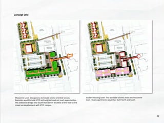 Concept	
  One	
  
Mezzanine	
  Level-­‐	
  Occupancies	
  to	
  include	
  service	
  oriented	
  venues.	
  	
  
Examples	
  would	
  include	
  GTCC	
  and	
  neighborhood	
  out	
  reach	
  opportuni@es.	
  	
  
The	
  pedestrian	
  bridge	
  over	
  South	
  Main	
  Street	
  would	
  be	
  at	
  this	
  level	
  to	
  link	
  
mixed	
  use	
  development	
  with	
  GTCC	
  campus.	
  
Student	
  Housing	
  Level-­‐	
  This	
  would	
  be	
  located	
  above	
  the	
  mezzanine	
  
level.	
  	
  Studio	
  apartments	
  would	
  face	
  both	
  North	
  and	
  South.	
  	
  
29	
  
 