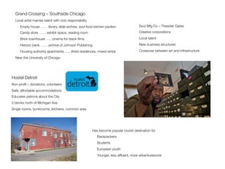 Grand Crossing – Southside Chicago
Local artist marries talent with civic responsibility
Empty house …… library, slide archive, soul food kitchen pavilion
Candy store …… exhibit space, reading room
Brick townhouse ….. cinema for black ﬁlms
Historic bank …… archive of Johnson Publishing
Housing authority apartments ….. Artist residences, mixed rental
Near the University of Chicago

Hostel Detroit
Non-proﬁt – donations, volunteers
Safe, affordable accommodations
Educates patrons about the City
3 blocks north of Michigan Ave
Single rooms, bunkrooms, kitchens, common area

Soul Mfg Co – Theaster Gates
Creative corporations
Local talent
New business structures
Crossover between art and infrastructure
Has become popular tourist destination for
Backpackers
Students
European youth
Younger, less afﬂuent, more adventuresome
 