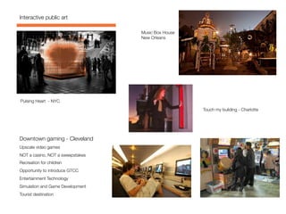Interactive public art

Downtown gaming - Cleveland
Upscale video games
NOT a casino, NOT a sweepstakes
Recreation for children
Opportunity to introduce GTCC 
Entertainment Technology
Simulation and Game Development
Tourist destination
Touch my building - Charlotte	
  	
  
Pulsing Heart - NYC
Music Box House 
New Orleans
 
