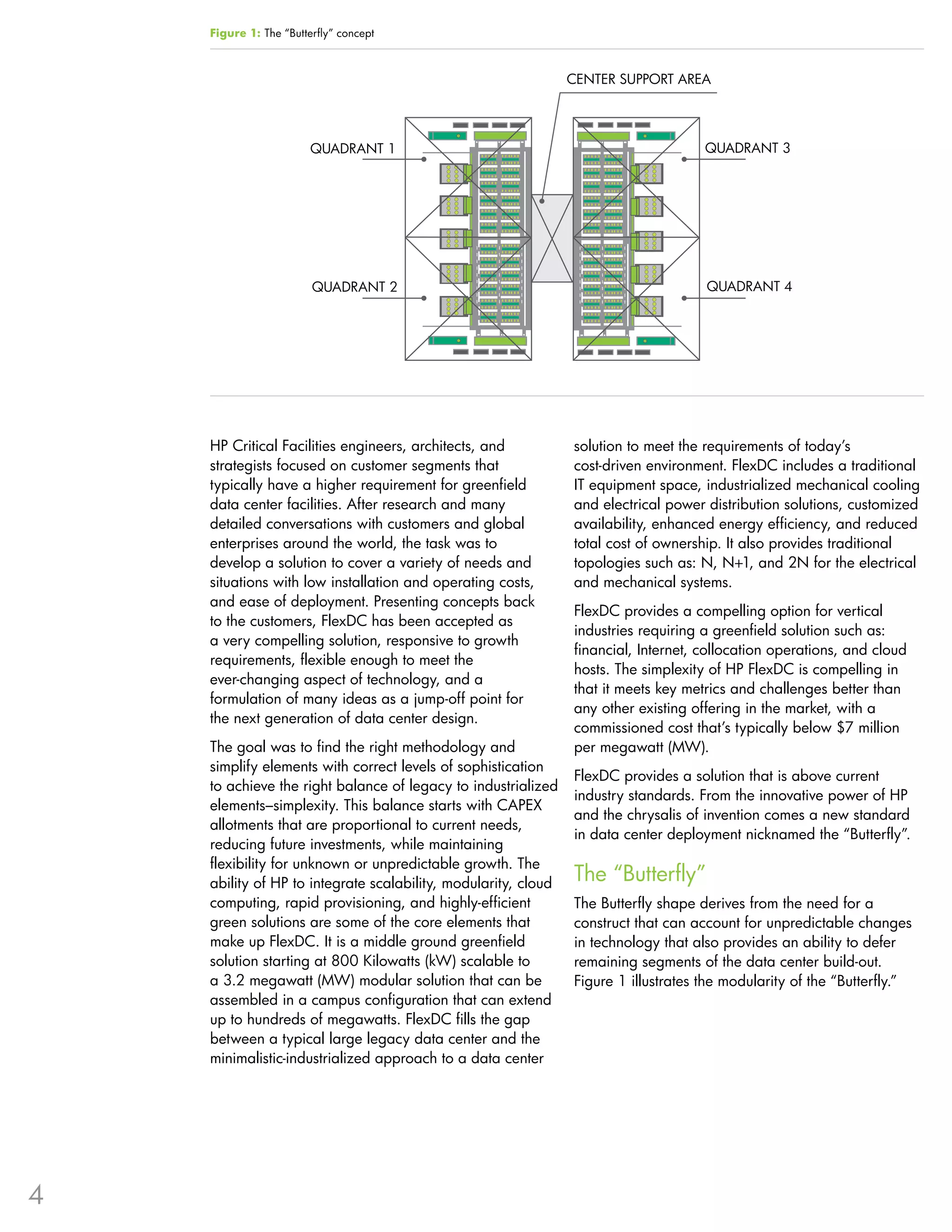 Figure 1: The “Butterfly” concept



                                                                CENTER SUPPORT AREA




                        QUADRANT 1                                                   QUADRANT 3




                        QUADRANT 2                                                   QUADRANT 4




    HP Critical Facilities engineers, architects, and           solution to meet the requirements of today’s
    strategists focused on customer segments that               cost-driven environment . FlexDC includes a traditional
    typically have a higher requirement for greenfield          IT equipment space, industrialized mechanical cooling
    data center facilities . After research and many            and electrical power distribution solutions, customized
    detailed conversations with customers and global            availability, enhanced energy efficiency, and reduced
    enterprises around the world, the task was to               total cost of ownership . It also provides traditional
    develop a solution to cover a variety of needs and          topologies such as: N, N+1, and 2N for the electrical
    situations with low installation and operating costs,       and mechanical systems .
    and ease of deployment . Presenting concepts back
                                                                FlexDC provides a compelling option for vertical
    to the customers, FlexDC has been accepted as
                                                                industries requiring a greenfield solution such as:
    a very compelling solution, responsive to growth
                                                                financial, Internet, collocation operations, and cloud
    requirements, flexible enough to meet the
                                                                hosts . The simplexity of HP FlexDC is compelling in
    ever-changing aspect of technology, and a
                                                                that it meets key metrics and challenges better than
    formulation of many ideas as a jump-off point for
                                                                any other existing offering in the market, with a
    the next generation of data center design .
                                                                commissioned cost that’s typically below $7 million
    The goal was to find the right methodology and              per megawatt (MW) .
    simplify elements with correct levels of sophistication
                                                                FlexDC provides a solution that is above current
    to achieve the right balance of legacy to industrialized
                                                                industry standards . From the innovative power of HP
    elements–simplexity . This balance starts with CAPEX
                                                                and the chrysalis of invention comes a new standard
    allotments that are proportional to current needs,
                                                                in data center deployment nicknamed the “Butterfly” .
    reducing future investments, while maintaining
    flexibility for unknown or unpredictable growth . The
    ability of HP to integrate scalability, modularity, cloud   The “Butterfly”
    computing, rapid provisioning, and highly-efficient         The Butterfly shape derives from the need for a
    green solutions are some of the core elements that          construct that can account for unpredictable changes
    make up FlexDC . It is a middle ground greenfield           in technology that also provides an ability to defer
    solution starting at 800 Kilowatts (kW) scalable to         remaining segments of the data center build-out .
    a 3 .2 megawatt (MW) modular solution that can be           Figure 1 illustrates the modularity of the “Butterfly .”
    assembled in a campus configuration that can extend
    up to hundreds of megawatts . FlexDC fills the gap
    between a typical large legacy data center and the
    minimalistic-industrialized approach to a data center




4
 