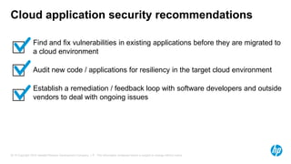 Cloud application security recommendations

                 Find and fix vulnerabilities in existing applications before they are migrated to
                 a cloud environment

                 Audit new code / applications for resiliency in the target cloud environment

                 Establish a remediation / feedback loop with software developers and outside
                 vendors to deal with ongoing issues




20 © Copyright 2012 Hewlett-Packard Development Company, L.P. The information contained herein is subject to change without notice.
 