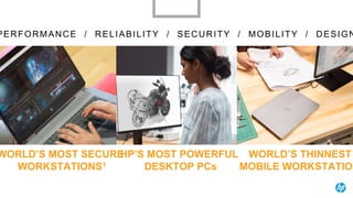 PERFORMANCE / RELIABILITY / SECURITY / MOBILITY / DESIGN
HP’S MOST POWERFUL
DESKTOP PCs
WORLD’S MOST SECURE
WORKSTATIONS1
WORLD’S THINNEST
MOBILE WORKSTATION
 