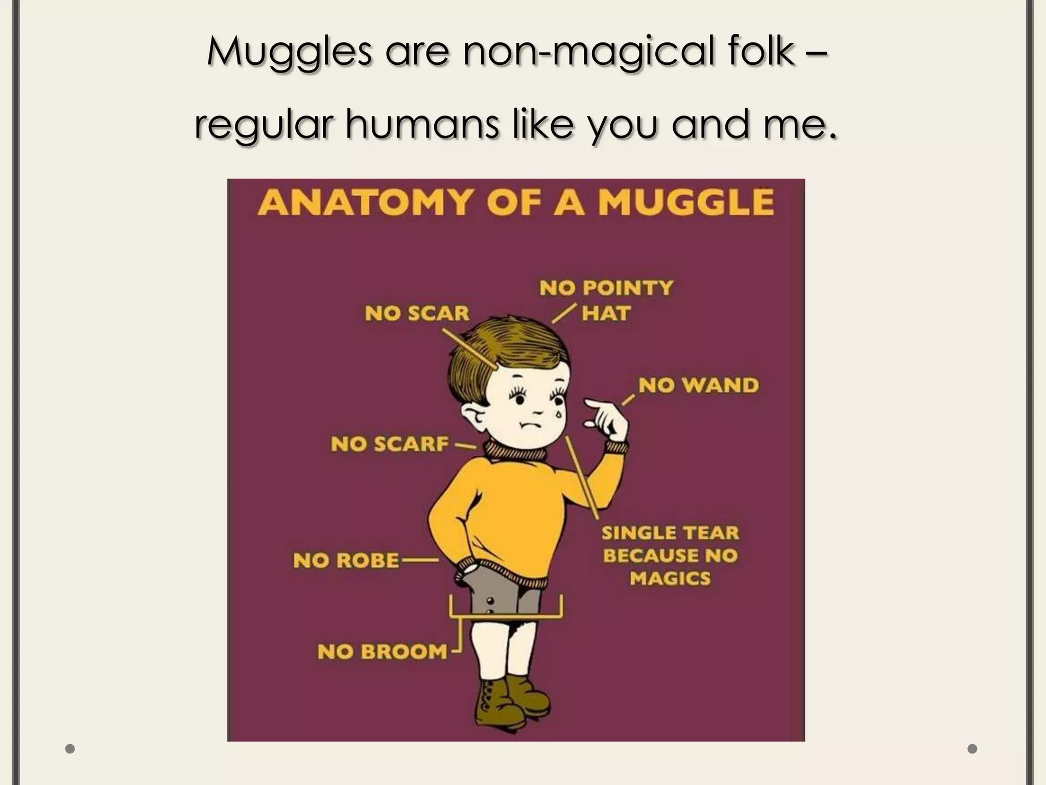 Muggles are non-magical folk –
regular humans like you and me.
 