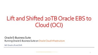 Lift and Shifted 20TBOracle EBS to
Cloud (OCI)
Oracle E-Business Suite
RunningOracle E-BusinessSuite onOracleCloud Infrastructure
Ref:Oracle Lift andShift
RunningOracleE-BusinessSuiteonOracleCloudInfrastructure | Manjunath Narayanaiah
1
 
