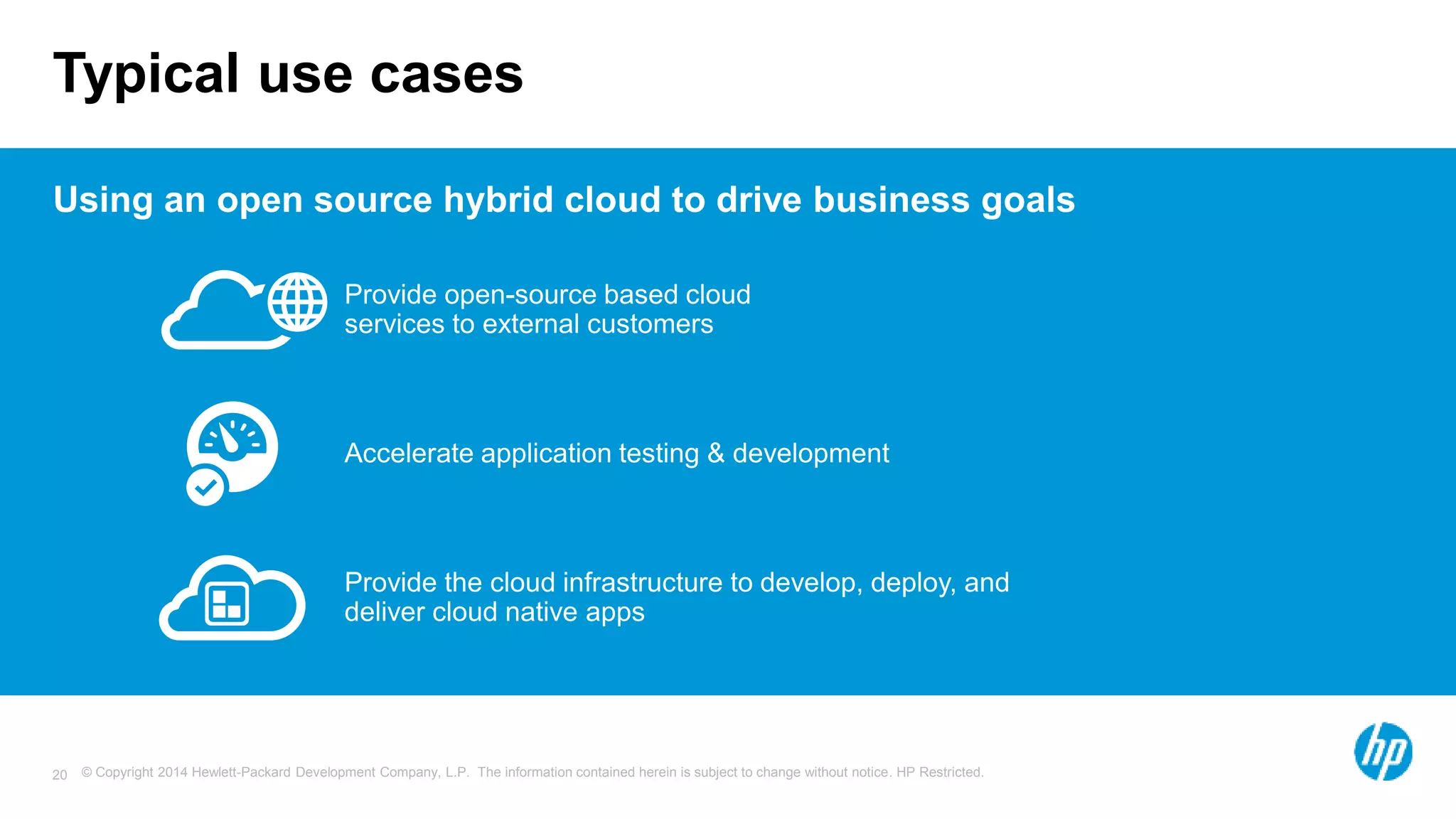 © Copyright 2014 Hewlett-Packard Development Company, L.P. The information contained herein is subject to change without notice. HP Restricted.20
Typical use cases
 