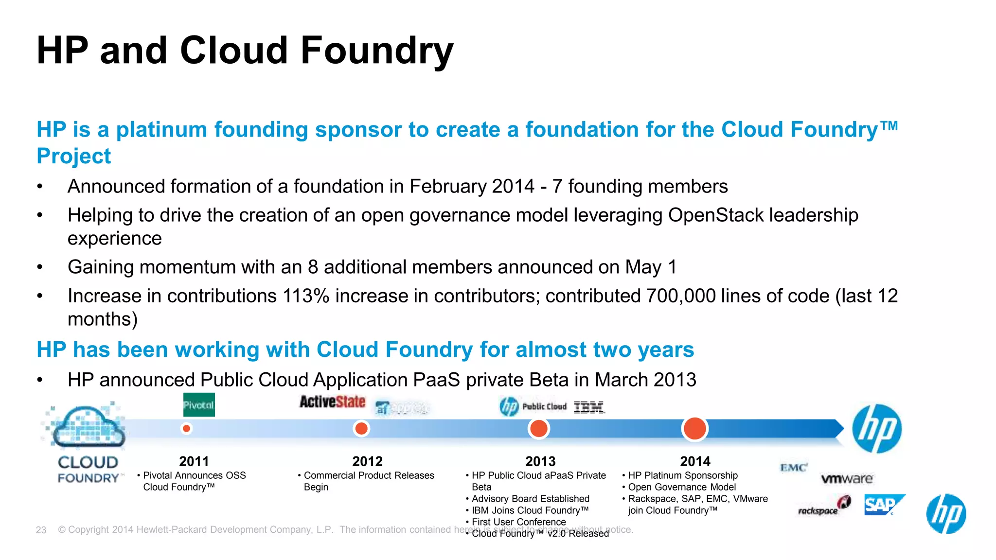 © Copyright 2014 Hewlett-Packard Development Company, L.P. The information contained herein is subject to change without notice.23
HP and Cloud Foundry
HP is a platinum founding sponsor to create a foundation for the Cloud Foundry™
Project
• Announced formation of a foundation in February 2014 - 7 founding members
• Helping to drive the creation of an open governance model leveraging OpenStack leadership
experience
• Gaining momentum with an 8 additional members announced on May 1
• Increase in contributions 113% increase in contributors; contributed 700,000 lines of code (last 12
months)
HP has been working with Cloud Foundry for almost two years
• HP announced Public Cloud Application PaaS private Beta in March 2013
2012
• Commercial Product Releases
Begin
2011
• Pivotal Announces OSS
Cloud Foundry™
2013
• HP Public Cloud aPaaS Private
Beta
• Advisory Board Established
• IBM Joins Cloud Foundry™
• First User Conference
• Cloud Foundry™ v2.0 Released
2014
• HP Platinum Sponsorship
• Open Governance Model
• Rackspace, SAP, EMC, VMware
join Cloud Foundry™
 