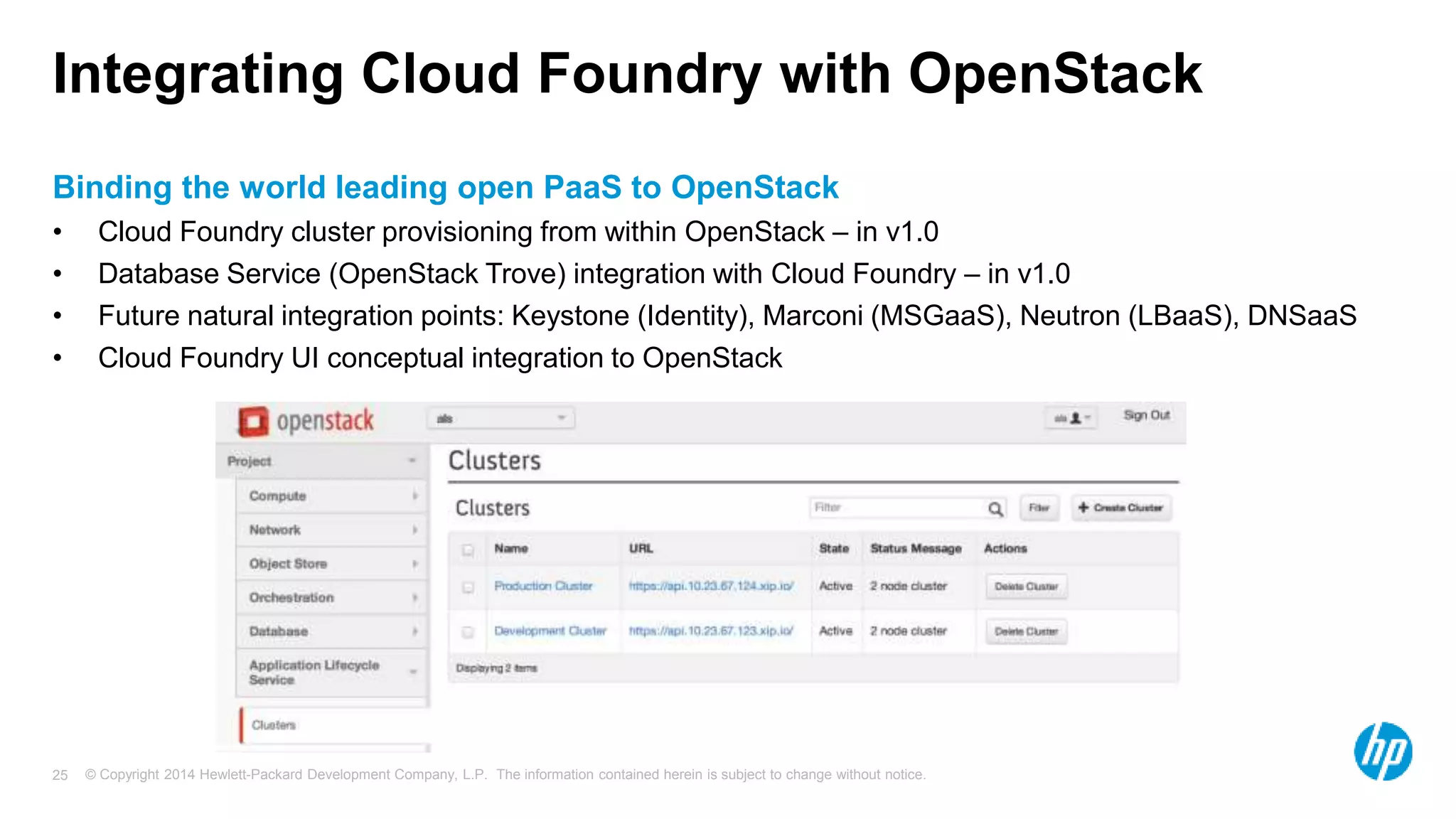 © Copyright 2014 Hewlett-Packard Development Company, L.P. The information contained herein is subject to change without notice.25
Integrating Cloud Foundry with OpenStack
Binding the world leading open PaaS to OpenStack
• Cloud Foundry cluster provisioning from within OpenStack – in v1.0
• Database Service (OpenStack Trove) integration with Cloud Foundry – in v1.0
• Future natural integration points: Keystone (Identity), Marconi (MSGaaS), Neutron (LBaaS), DNSaaS
• Cloud Foundry UI conceptual integration to OpenStack
 