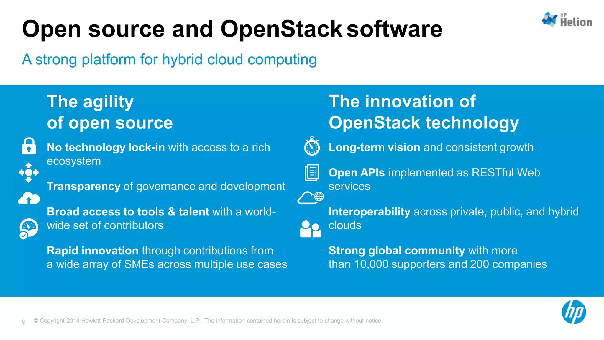 © Copyright 2014 Hewlett-Packard Development Company, L.P. The information contained herein is subject to change without notice.6
Open source and OpenStack software
 