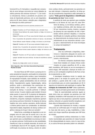 Pulmão RJ 2015;24(2):25-29 28
Nota: Segundo a New York Heart Association/Organização
Mundial de Saúde
funcional III ou IV. Hemoptise e rouquidão (por compres-
são do nervo laríngeo recorrente por ramos dilatados da
artéria pulmonar são sintomas incomuns13–15
). Dor toráci-
ca retroesternal, intensa e persistente em paciente com
sinais de hipertensão pulmonar, com ou sem diagnóstico
prévio de HP, deve chamar a atenção para o diagnóstico
de dissecção da artéria pulmonar16
.
Os sinais físicos da HAP incluem a presença de im-
pulso paraesternal esquerdo, acentuação do componente
pulmonar da segunda bulha cardíaca, sopro holosistólico
de regurgitação tricúspide, sopro diastólico de insuficiên-
cia pulmonar e galope protodiastólico (S3) do ventrículo
direito. Ingurgitamento jugular, hepatomegalia, edema
periférico, ascite e extremidades frias caracterizam dis-
função cardíaca direita – cor pulmonale - estágio mais
avançado da doença. A ausculta pulmonar é habitual-
mente normal. O exame objetivo pode também fornecer
pistas quanto à causa da HP. A presença de telangiecta-
sias, úlceras digitais e esclerodactilia apontam para es-
clerodermia, enquanto crepitações inspiratórias apontam
para doença pulmonar intersticial. Os estigmas de doença
hepática tais como aranhas vasculares, atrofia testicular
e eritema palmar devem ser considerados. Se detectado
hipocratismo digital, diagnóstico de doença cardíaca con-
gênita e doenças do Grupo 3 deve ser excluído17
.
Desta forma, a estratégia de diagnóstico a ser em-
pregada varia em cada caso de acordo com o seu con-
texto. De maneira geral, busca-se a detecção de dados
que apontem para a probabilidade da presença de doen-
ça vascular pulmonar. Confirmando-se esta possibilidade,
classifica-se o tipo ou condição associada, de acordo com
a classificação atual de HP. Em seguida, está indicada a
confirmação da presença da doença, através do catete-
Quadro 1. Classificação funcional de pacientes portadores de HP
rismo cardíaco direito, particularmente nos pacientes em
que está indicado o tratamento específico. As linhas ge-
rais dos procedimentos diagnósticos estão delineadas no
capítulo “Visão geral do diagnóstico e identificação
de pacientes de risco” desta revisão3
.
A ausência de sinais que apontem para condições
associadas ou de fatores de risco para HP, casos fami-
liares da doença, ou de doença cardíaca, pulmo-
nar, hepáticas primárias, além das doenças com
HP por mecanismos incertos, levanta a suspeita
da presença de caso esporádico de HAP, a hiper-
tensão arterial pulmonar idiopática. A crescente
identificação de mutações genéticas relacionadas
ao desenvolvimento da doença levará ao melhor
entendimento do seu mecanismo abrindo o cam-
po para o desenvolvimento de novas tecnologias
no campo da terapêutica18
.
Tratamento
Uma vez confirmado o diagnóstico, deter-
mina-se o tratamento adequado de acordo com
as recomendações atualizadas das diretrizes na-
cionais e internacionais.
Os diversos compostos atualmente dispo-
níveis foram testados em ensaios clínicos rando-
mizados em grupos específicos de HP, ou seja,
HAPI, hereditária, HAP devido ao uso de anorexígenos e
outras drogas, HAP associada a doenças do tecido con-
juntivo ou com cardiopatia congênita de alto fluxo corrigi-
da cirurgicamente ou não4
.
A abordagem terapêutica inicial é a adoção das
medidas gerais e de terapia de suporte para a disfun-
ção cardíaca e, quando ainda não o está, o caso deve
ser encaminhado para um centro especializado em HP. O
algoritmo de tratamento está explicitado no capítulo “Es-
tratégias de tratamento da HAP” deste suplemento.
Entretanto, alguns princípios gerais devem ser lembrados:
- Teste de vasorreatividade pulmonar aguda ao
óxido nítrico deve ser realizado nos pacientes com HAP
idiopática, hereditária e HAP associada com uso de anore-
xígenos que são os mais propensos a apresentar resposta
positiva, indicando um possível benefício terapêutico com
doses altas de bloqueadores de canal de cálcio.
- Quando esse tratamento for iniciado, a resposta
clínica deve ser confirmada após 3-4 meses de tratamen-
to. Caso esta não ocorra, ou seja, insatisfatória, o trata-
mento com drogas específicas aprovadas para HAP deve
ser iniciado.
- O epoprostenol contínuo endovenoso é o trata-
mento recomendado para pacientes em classe funcional
IV. Na indisponibilidade do mesmo, como é o caso do Bra-
sil, os outros fármacos aprovados podem ser utilizados4
.
Corrêa RA, Mancuzo EV Hipertensão arterial pulmonar idiopática
 