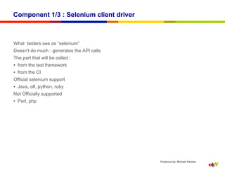 Component 1/3 : Selenium client driver



What testers see as “selenium”
Doesn't do much : generates the API calls
The part that will be called :
•  from the test framework
•  from the CI
Official selenium support
•  Java, c#, python, ruby
Not Officially supported
•  Perl, php




                                            Produced by: Michael Palotas
 