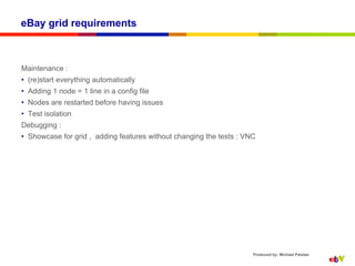 eBay grid requirements



Maintenance :
•  (re)start everything automatically
•  Adding 1 node = 1 line in a config file
•  Nodes are restarted before having issues
•  Test isolation
Debugging :
•  Showcase for grid , adding features without changing the tests : VNC




                                                                      Produced by: Michael Palotas
 