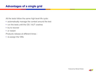 Advantages of a single grid



All the tests follow the same high level life cycle :
•  automatically manage the context around the test
•  run the tests until the OS / AUT crashes
•  try to recover
•  or restart
Products release at different times :
•  re-assign the VMs




                                                        Produced by: Michael Palotas
 