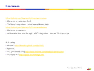 Resources



https://github.com/freynaud/grid-spine-common
•  Depends on selenium 2.4.0
•  VMWare integration + restart every N tests logic
https://github.com/freynaud/grid-spine-selenium
•  Depends on common
•  All the selenium specific logic, VNC integration, Linux vs Windows code.



Built using
•  noVNC : http://kanaka.github.com/noVNC/
•  tightVNC
•  VIX ( VMWare API ) http://labs.vmware.com/flings/vix-java-toolkit
•  VMWare WS http://vijava.sourceforge.net/




                                                                       Produced by: Michael Palotas
 