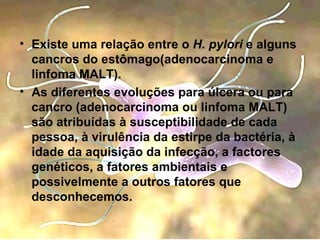 Existe uma relação entre o  H. pylori  e alguns cancros do estômago(adenocarcinoma e linfoma MALT). As diferentes evoluções para úlcera ou para cancro (adenocarcinoma ou linfoma MALT) são atribuídas à susceptibilidade de cada pessoa, à virulência da estirpe da bactéria, à idade da aquisição da infecção, a factores genéticos, a fatores ambientais e possivelmente a outros fatores que desconhecemos.  