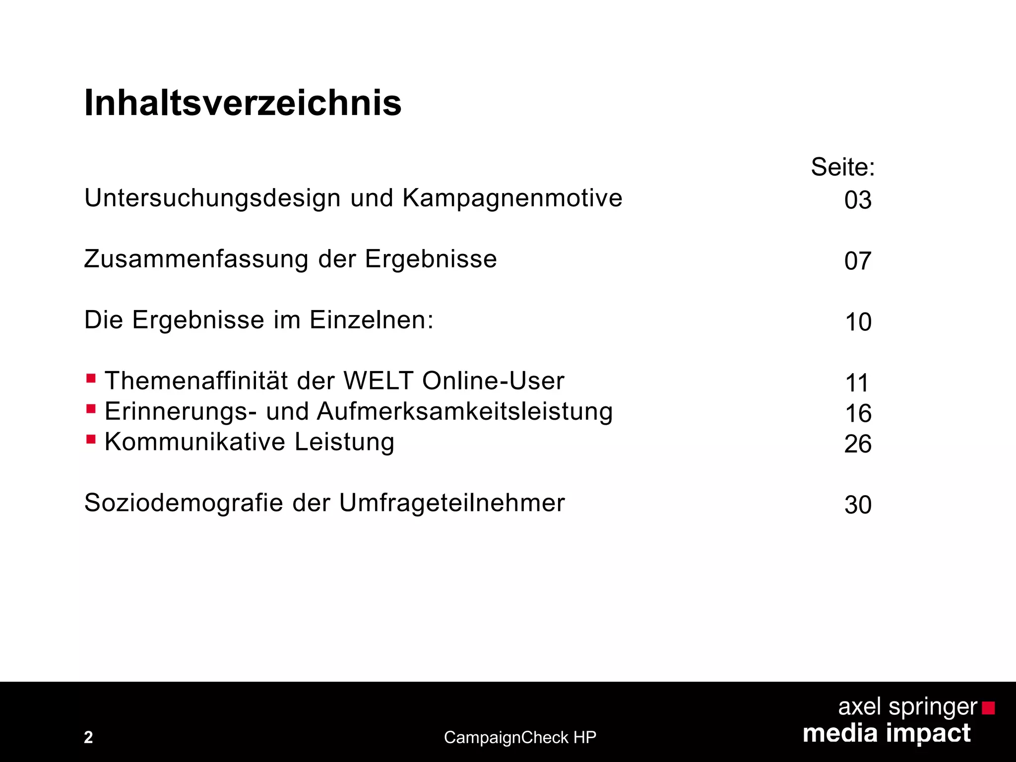 CampaignCheck HP2
Inhaltsverzeichnis
Untersuchungsdesign und Kampagnenmotive
Zusammenfassung der Ergebnisse
Die Ergebnisse im Einzelnen:
 Themenaffinität der WELT Online-User
 Erinnerungs- und Aufmerksamkeitsleistung
 Kommunikative Leistung
Soziodemografie der Umfrageteilnehmer
03
07
10
11
16
26
30
Seite:
 