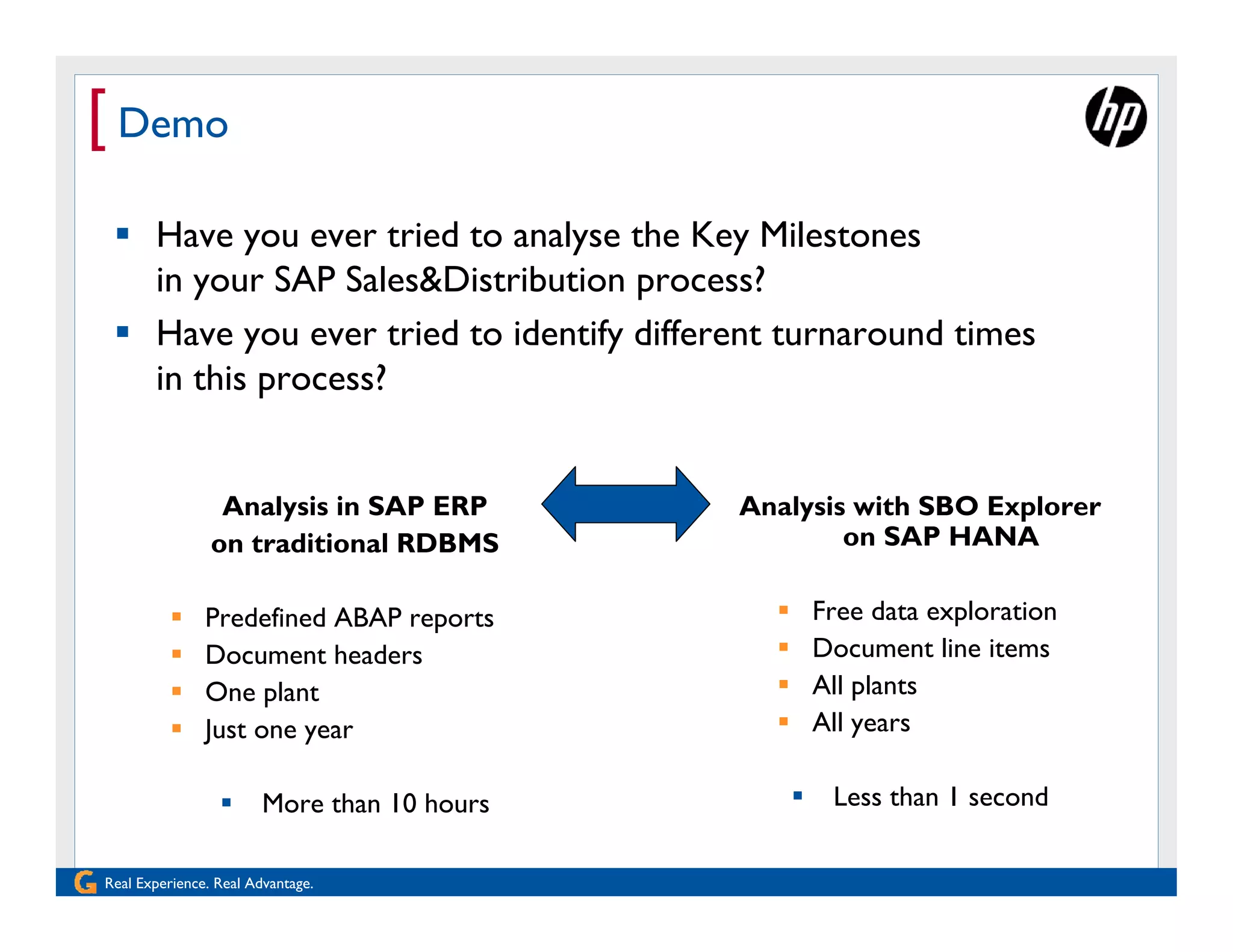 [ Demo
  Have you ever tried to analyse the Key Milestones
   in your SAP Sales&Distribution process?
  Have you ever tried to identify different turnaround times
   in this process?


                 Analysis in SAP ERP         Analysis with SBO Explorer
                on traditional RDBMS                 on SAP HANA

              Predefined ABAP reports                Free data exploration
              Document headers                       Document line items
              One plant                              All plants
              Just one year                          All years

                       More than 10 hours             Less than 1 second

Real Experience. Real Advantage.
 