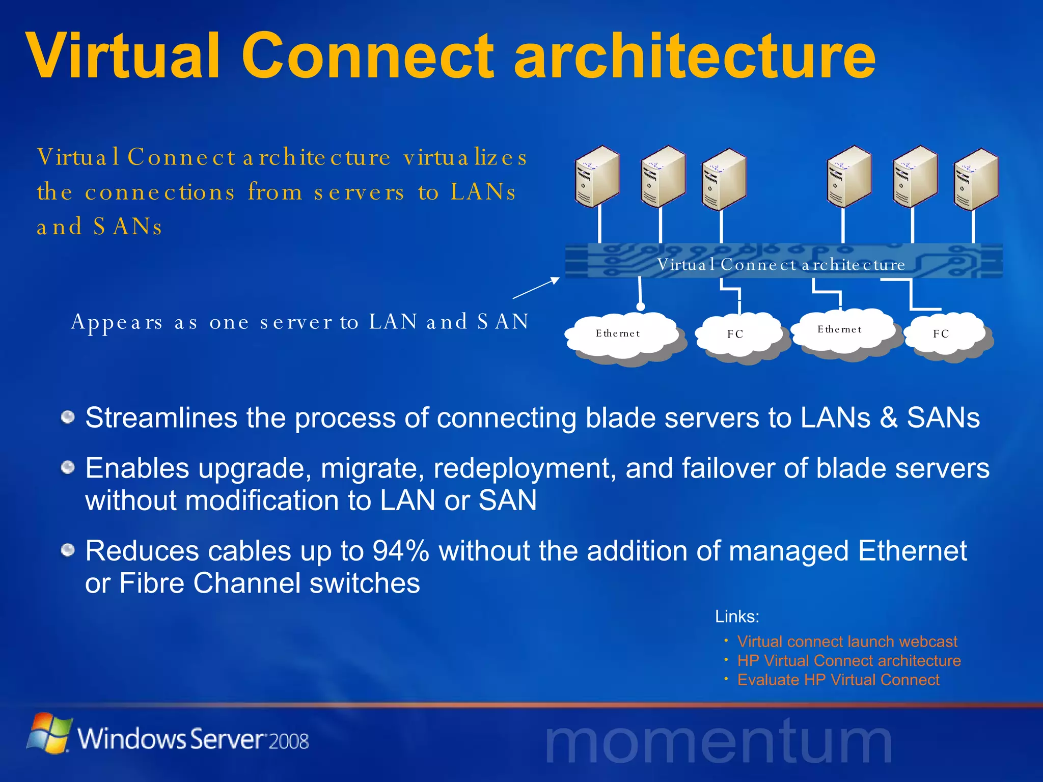 Virtual Connect architecture Streamlines the process of connecting blade servers to LANs & SANs Enables upgrade, migrate, redeployment, and failover of blade servers without modification to LAN or SAN Reduces cables up to 94% without the addition of managed Ethernet or Fibre Channel switches Ethernet FC Ethernet FC Virtual Connect architecture virtualizes the connections from servers to LANs and SANs Appears as one server to LAN and SAN Virtual connect launch webcast HP Virtual Connect architecture Evaluate HP Virtual Connect Links: Virtual Connect architecture 