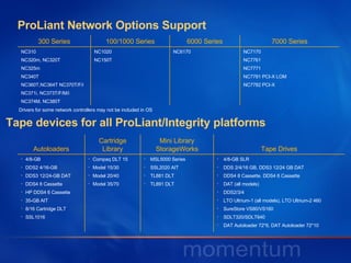 ProLiant Network Options Support Drivers for some network controllers may not be included in OS Tape devices for all ProLiant/Integrity platforms 300 Series 100/1000 Series 6000 Series 7000 Series NC310 NC320m, NC320T NC325m NC340T NC360T,NC364T NC370T/F/i NC371i, NC373T/F/M/i NC374M, NC380T NC1020 NC150T NC6170 NC7170 NC7761 NC7771 NC7781 PCI-X LOM NC7782 PCI-X Autoloaders Cartridge Library Mini Library StorageWorks Tape Drives 4/8-GB DDS2 4/16-GB DDS3 12/24-GB DAT  DDS4 8 Cassette  HP DDS4 6 Cassette  35-GB AIT  8/16 Cartridge DLT  SSL1016  Compaq DLT 15 Model 15/30 Model 20/40 Model 35/70 MSL5000 Series SSL2020 AIT TL881 DLT TL891 DLT  4/8-GB SLR  DDS 2/4/16 GB, DDS3 12/24 GB DAT DDS4 8 Cassette. DDS4 6 Cassette  DAT (all models) DDS2/3/4 LTO Ultrium-1 (all models), LTO Ultrium-2 460 SureStore VS80/VS160 SDLT320/SDLT640 DAT Autoloader 72*6, DAT Autoloader 72*10 