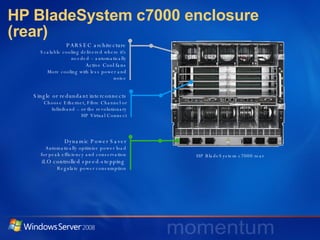 HP BladeSystem c7000 enclosure (rear) HP BladeSystem c7000 rear PARSEC architecture Scalable cooling delivered where it's needed – automatically Active Cool fans More cooling with less power and noise Single or redundant interconnects Choose Ethernet, Fibre Channel or Infiniband – or the revolutionary HP Virtual Connect Dynamic Power Saver Automatically optimize power load for peak efficiency and conservation iLO controlled speed-stepping   Regulate power consumption 