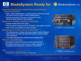 Assemble everything you need for the optimal Windows Server environment With c-Class BladeSystem 2 socket quad-core servers provide the performance for best in class infrastructures…  Interconnects that fit into your  environment: Cisco,  Brocade, Blade Network Technologies... Designed for flexibility, growth & consolidation Greater density frees rack space Provide shared infrastructure for Windows, “eco-system” servers Data center consolidation & cable reduction Best Managed Windows Server Environment The BladeSystem c-Class introduces Insight Control, Onboard Administrator and SIM with Microsoft System Center & Open View integration Centralize management, maintenance & deployment Thermal Logic technology Designed to minimize energy & cooling requirements Provides continuous views of power usage, capacity, & temperature at component, enclosure, & rack level BladeSystem Ready for    c7000 enclosure c3000 enclosure HP BladeSystem c-Class Enclosures HP BladeSystem c-Class enclosures, Family data sheet Links: 