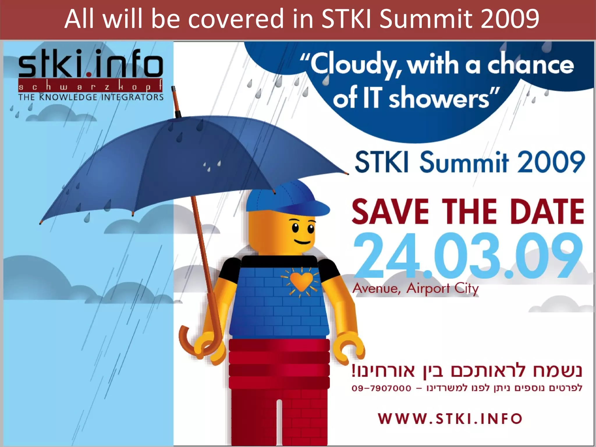 All Rights Reserved @STKI  Moshav Bnei Zion, Israel  +09-7907000  www.stki.info All will be covered in STKI Summit 2009  