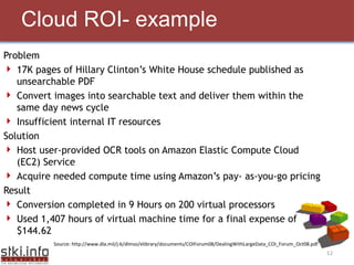 Cloud ROI- example Problem 17K pages of Hillary Clinton’s White House schedule published as unsearchable PDF Convert images into searchable text and deliver them within the same day news cycle Insufficient internal IT resources Solution Host user-provided OCR tools on Amazon Elastic Compute Cloud (EC2) Service Acquire needed compute time using Amazon’s pay- as-you-go pricing Result Conversion completed in 9 Hours on 200 virtual processors Used 1,407 hours of virtual machine time for a final expense of $144.62 Source: http://www.dla.mil/j-6/dlmso/elibrary/documents/COIForum08/DealingWithLargeData_COI_Forum_Oct08.pdf 
