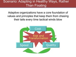 Scenario: Adapting in Healthy Ways, Rather Than Fixating Adaptive organizations have a core foundation of values and principles that keep them from chasing their tails every time tactical winds blow Risk and Transformation Speed Quality Cost 
