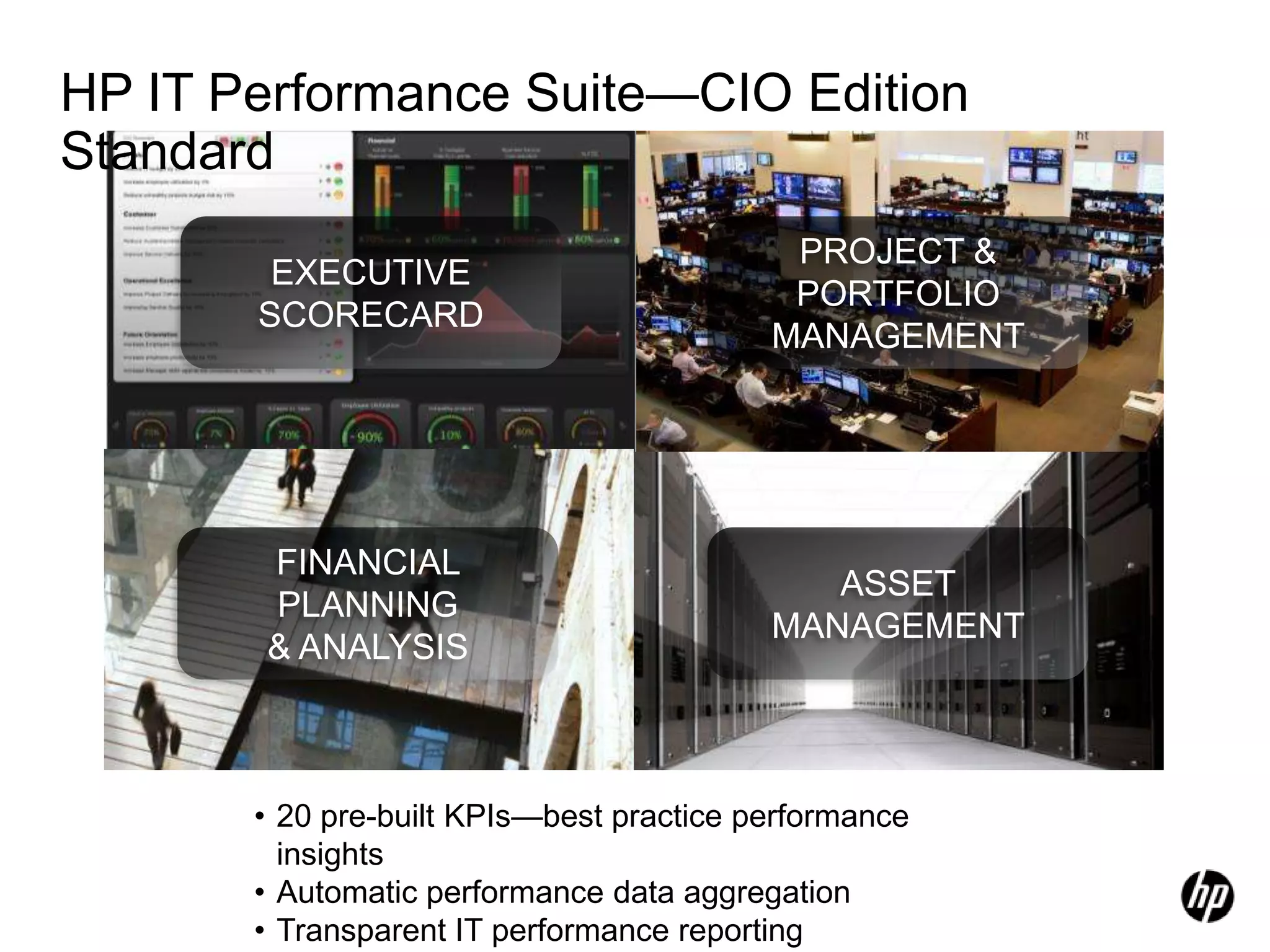 HP IT Performance Suite—CIO Edition StandardPROJECT & PORTFOLIOMANAGEMENTEXECUTIVESCORECARDASSETMANAGEMENTFINANCIAL PLANNING& ANALYSIS20 pre-built KPIs—best practice performance insights