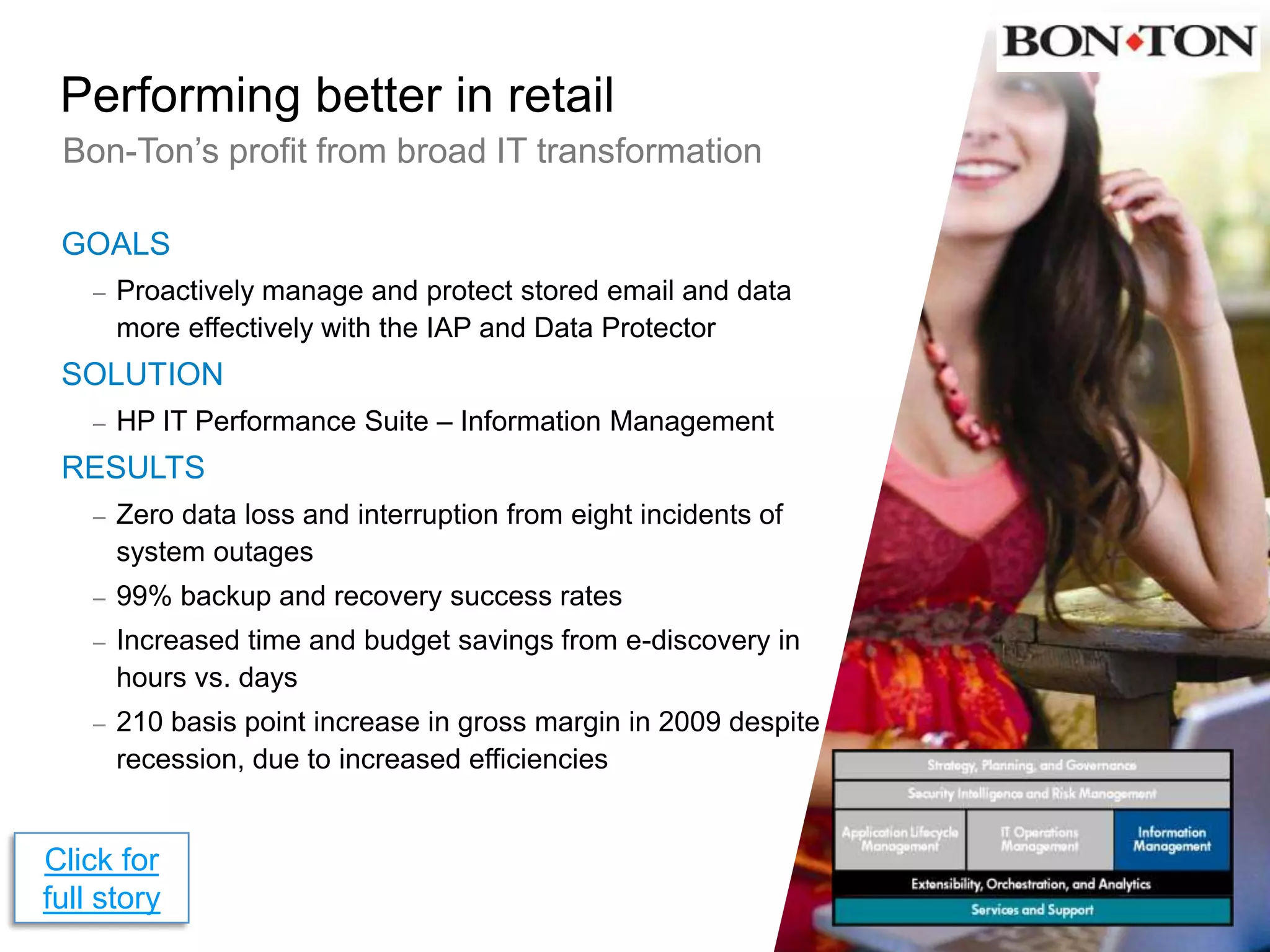 Performing better in manufacturingBoeing’s IT performance soarsGOALSEnsure availability and performance of Boeing Communication Systems (BCS), a Siebel call center application SOLUTIONHP IT Performance Suite – IT Operations Management