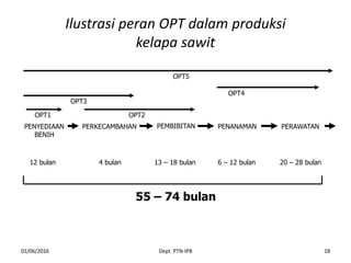 Ilustrasi peran OPT dalam produksi
kelapa sawit
01/06/2016 Dept. PTN-IPB 18
PENYEDIAAN
BENIH
PERKECAMBAHAN PEMBIBITAN PENANAMAN PERAWATAN
12 bulan 4 bulan 13 – 18 bulan 6 – 12 bulan 20 – 28 bulan
55 – 74 bulan
OPT1 OPT2
OPT3
OPT4
OPT5
 