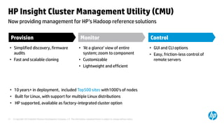 HP Insight Cluster Management Utility (CMU)
Now providing management for HP’s Hadoop reference solutions

     Provision                                                              Monitor                                                     Control
 • Simplified discovery, firmware                                          • ‘At a glance’ view of entire                               • GUI and CLI options
   audits                                                                    system; zoom to component                                  • Easy, friction-less control of
 • Fast and scalable cloning                                               • Customizable                                                 remote servers
                                                                           • Lightweight and efficient




 • 10 years+ in deployment, included Top500 sites with1000’s of nodes
 • Built for Linux, with support for multiple Linux distributions
 • HP supported, available as factory-integrated cluster option


17   © Copyright 2012 Hewlett-Packard Development Company, L.P. The information contained herein is subject to change without notice.
 