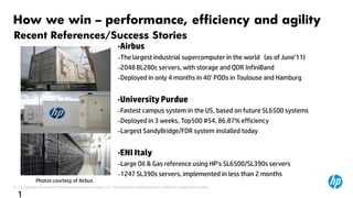 How we win – performance, efficiency and agility
Recent References/Success Stories
                                                                      •Airbus
                                                                      –The largest industrial supercomputer in the world (as of June’11)
                                                                      –2048 BL280c servers, with storage and QDR InfiniBand
                                                                      –Deployed in only 4 months in 40’ PODs in Toulouse and Hamburg



                                                                      •University Purdue
                                                                      –Fastest campus system in the US, based on future SL6500 systems
                                                                      –Deployed in 3 weeks, Top500 #54, 86.87% efficiency
                                                                      –Largest SandyBridge/FDR system installed today



                                                                      •ENI Italy
                                                                      –Large Oil & Gas reference using HP’s SL6500/SL390s servers
                                                                      –1247 SL390s servers, implemented in less than 2 months
               Photos courtesy of Airbus
19   © Copyright 2012 Hewlett-Packard Development Company, L.P. The information contained herein is subject to change without notice.

     1
 