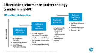 Affordable performance and technology
transforming HPC
    HP leading this transition                                                                                                                 Extreme
                                                                                                                                              Low Energy
                                                                                                                          Accelerators          Servers
                                                                                                                          (GPUs, etc.)      • Workload Optimized
                                                                             Multi-core,
                                                                                                                                              Servers
                                                                                 and
                                                                                                                        • Early community   • Pathfinder Program
                                                                             InfiniBand
                                                                                                                          and customer
    Performance




                            x86 clusters,                                                                                                   • Discovery lab
                             with Linux                                                                                   engagement
                                                                   • Partner program                                    • 1st GPU-enabled
                                                                     for multi-core software                              servers
                   • Unified Cluster                               • 1st IB support for Blades,                         • SL’s integrated
                     Portfolio                                     • Focused MPI optimization                             support
                   • HP Cluster Platforms                            for IB
                   • Insight Cluster                               • Extensive benchmarking
                     Management Utility

5    © Copyright 2012 Hewlett-Packard Development Company, L.P. The information contained herein is subject to change without notice.
 