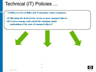 11 April 15, 2018
Technical (IT) Policies …
“A Policy is a Set of Rules and Constraints (and exceptions) :
(1) Dictating the desired state of one ormore managed objects
(2) Used to manage and control the changing and/or
maintaining of the state of managed objects”
Targets:
- Business Processes
- Applications, Services
- Information
- Infrastructural Resources
- …
Goals:
Rules & Constraints:
- Permissions
-- Obligations
-- Contextual Actions
- …
Exceptions
 
