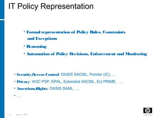 13 April 15, 2018
IT Policy Representation
Policy Languages
• Formal representation of Policy Rules, Constraints
and Exceptions
• Reasoning
• Automation of Policy Decisions, Enforcement and Monitoring
Many Standards and/or Proposals
• Security/Access Control: OASIS XACML, Ponder (IC), …
• Privacy: W3C P3P, EPAL, Extended XACML, EU PRIME, …
• Assertions/Rights: OASIS SAML, …
• …
 