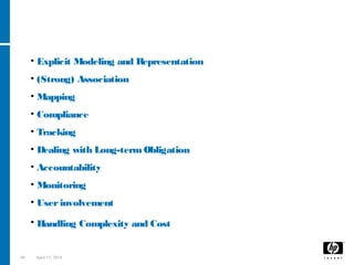 48 April 15, 2018
• Explicit Modeling and Representation of privacy obligations
• (Strong) Association of obligations to data
• Mapping obligations into enforceable actions
• Compliance of refined obligations to high-level policies
• Tracking the evolution of obligation policies
• Dealing with Long-termObligation aspects
• Accountability management and auditing
• Monitoring obligations
• Userinvolvement
• Handling Complexity and Cost of instrumenting Apps and Services
Key Requirements
 