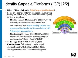 56 April 15, 2018
Identity Capable Platforms (ICP) [2/2]
• Liberty Alliance Initiative (http://www.projectliberty.org)
• Focus on Federated Identity Management, involving
Identity Providers (IdP) and Service Providers (SPs)
• Aiming at specifying:
− Identity Capable Platforms (ICP) to allow users
to engage in a safe and transparent way
into federated IdM. Store “Identity Tokens” in a
secure and trustworthy environment along with
Policies and Manage them
− Provisioning Services: extend Liberty Alliance
Federated IdM Standards to safely delegate
and provision “Identity Tokens” to ICP
• Technology Pilot: HP/HP Labs, BT, Intel
• Current Status: Full working prototype and
demonstrator (PoCv1) shown at RSA 2007.
Moving towards a PoCv2 and technology trial.
 