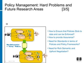 64 April 15, 2018
Policy Management: Hard Problems and
Future Research Areas [3/5]
C) Management of “Sticky Policies” forInformation Flow
Information and Data Moves around, within and across organisations.
 Associated Policies might be lost during this flow or misinterpreted
• How to Ensure that Policies Stick to
data and can be Enforced?
• How to provide Assurance?
• Need for Standards in terms of
Policies and Policy Frameworks?
• Need for Rich Semantic and
Upfront Negotiation?
Data
Applications
& Services
PEOPLE
ENTERPRISE
Data
Applications
& Services
PEOPLE
ENTERPRISE
Data/Information
+ “Sticky” Policies
 