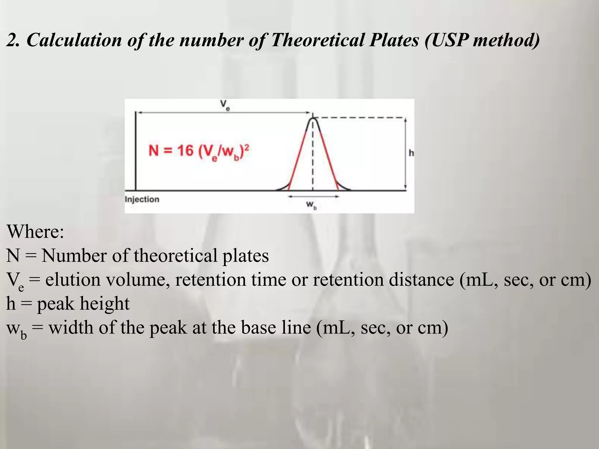 2. Calculation of the number of Theoretical Plates (USP method)




Where:
N = Number of theoretical plates
Ve = elution volume, retention time or retention distance (mL, sec, or cm)
h = peak height
wb = width of the peak at the base line (mL, sec, or cm)
 