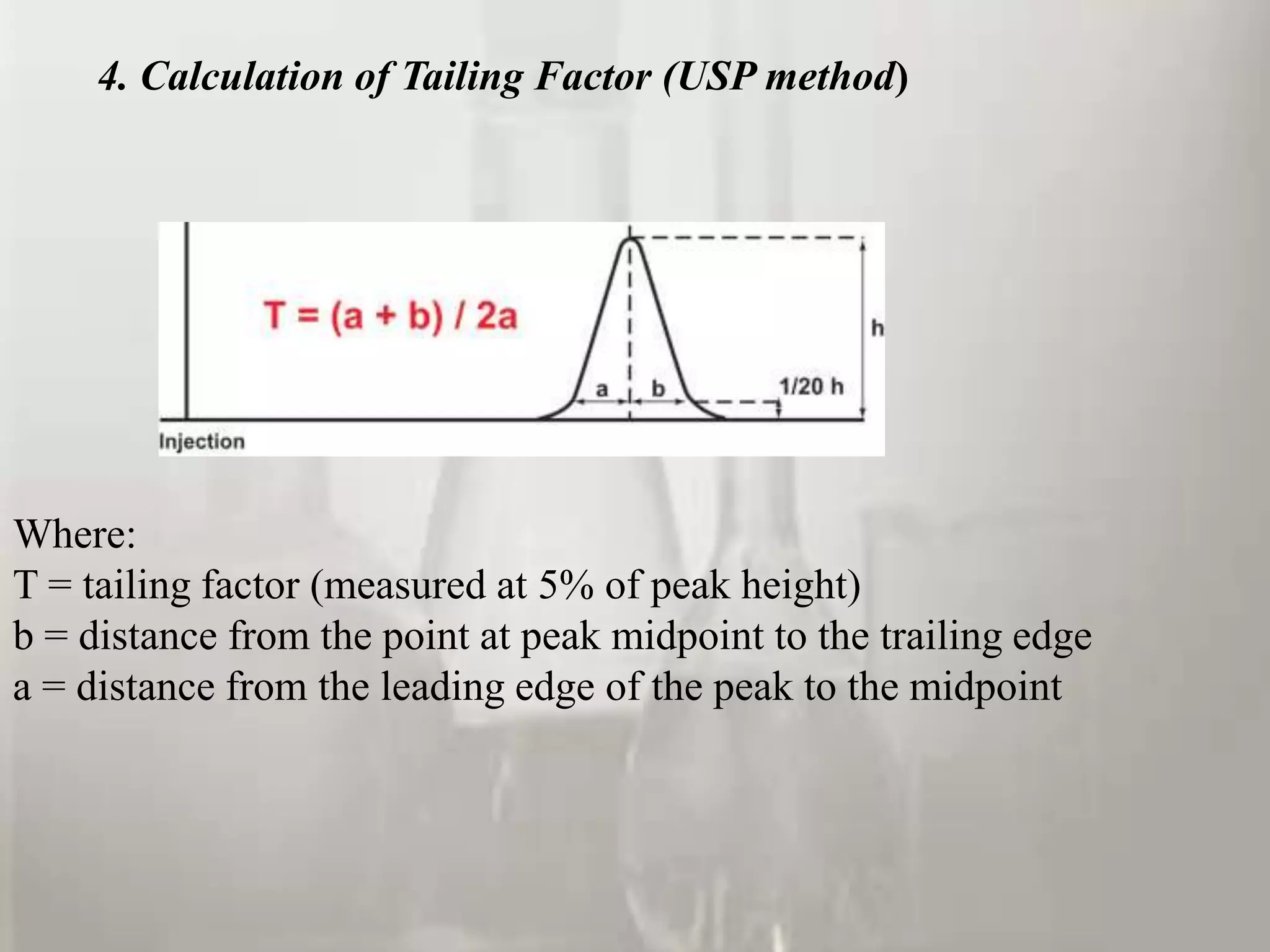 4. Calculation of Tailing Factor (USP method)




Where:
T = tailing factor (measured at 5% of peak height)
b = distance from the point at peak midpoint to the trailing edge
a = distance from the leading edge of the peak to the midpoint
 