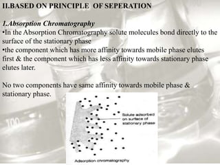 II.BASED ON PRINCIPLE OF SEPERATION

1.Absorption Chromatography
•In the Absorption Chromatography solute molecules bond directly to the
surface of the stationary phase
•the component which has more affinity towards mobile phase elutes
first & the component which has less affinity towards stationary phase
elutes later.

No two components have same affinity towards mobile phase &
stationary phase.
 