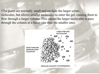 •The pores are normally small and exclude the larger solute
molecules, but allows smaller molecules to enter the gel, causing them to
flow through a larger volume. This causes the larger molecules to pass
through the column at a faster rate than the smaller ones.
 