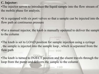 C. Injector:
•The injector serves to introduce the liquid sample into the flow stream of
the mobile phase for analysis.

•It is equipped with six port valves so that a sample can be injected into the
flow path at continuous pressure

•For a manual injector, the knob is manually operated to deliver the sample
to the column

•The knob is set to LOAD position for sample injection using a syringe
, the sample is injected into the sample loop , which is separated from the
flow path

•The knob is turned to INJECT position and the eluent travels through the
loop from the pump and delivers the sample to the column
 