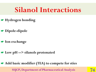 Silanol Interactions
 Hydrogen bonding
 Dipole-dipole
 Ion exchange
 Low pH --> silanols protonated
 Add basic modifier (TEA) to compete for sties
SSJCP, Department of Pharmaceutical Analysis

74

 