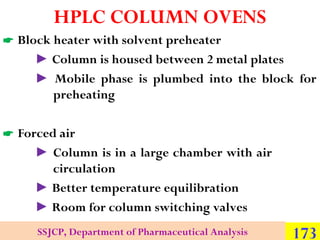 HPLC COLUMN OVENS
 Block heater with solvent preheater
► Column is housed between 2 metal plates
► Mobile phase is plumbe...