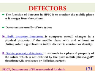 DETECTORS
 The function of detector in HPLC is to monitor the mobile phase
as it merges from the column.
 Detectors are ...