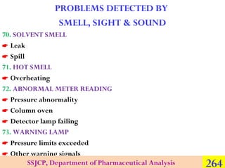 PROBLEMS DETECTED BY
SMELL, SIGHT & SOUND
70. SOLVENT SMELL
 Leak
 Spill
71. HOT SMELL
 Overheating
72. ABNORMAL METER ...