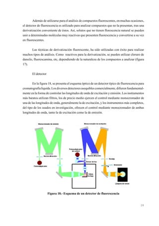 Además de utilizarse para el análisis de compuestos fluorescentes, en muchas ocasiones,
el detector de fluorescencia es utilizado para analizar compuestos que no la presentan, tras una
derivatización conveniente de éstos. Así, solutos que no tienen florescencia natural se pueden
unir a determinadas moléculas muy reactivas que presenten fluorescencia y convertirse a su vez
en fluorescentes.
Las técnicas de derivatización fluorescente, ha sido utilizadas con éxito para realizar
muchos tipos de análisis. Como reactivos para la derivatización, se pueden utilizar cloruro de
dansilo, fluorescamina, etc, dependiendo de la naturaleza de los compuestos a analizar (figura
17).
El detector
En la figura 18, se presenta el esquema óptico de un detector típico de fluorescencia para
cromatografía líquida. Los diversos detectores asequibles comercialmente, difieren fundamentalmente en la forma de controlar las longitudes de onda de excitación y emisión. Los instrumentos
más baratos utilizan filtros, los de precio medio ejercen el control mediante monocromador de
una de las longitudes de onda, generalmente la de excitación, y los instrumentos más completos,
del tipo de los usados en investigación, ofrecen el control mediante monocromador de ambas
longitudes de onda, tanto la de excitación como la de emisión.

Figura 18.- Esquema de un detector de fluorescencia

28

 